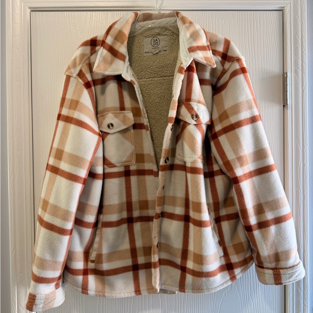 Sage Plaid Sherpa-Lined Jacket in Cream & Rust size XL - like new condition